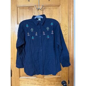 Vintage Maggie Max Navy Blue Plaid Christmas  Embroidered Button Up Shirt XL